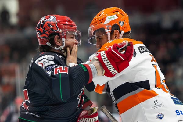 TOUGH NIGHT: Sheffield Steelers' Sam Jones (right) gets to grips with Cardiff Devils' Riley Brandt on a night which saw the visitors come off second-best in South Wales. Picture: Rebecca Brain/EIHL Media.