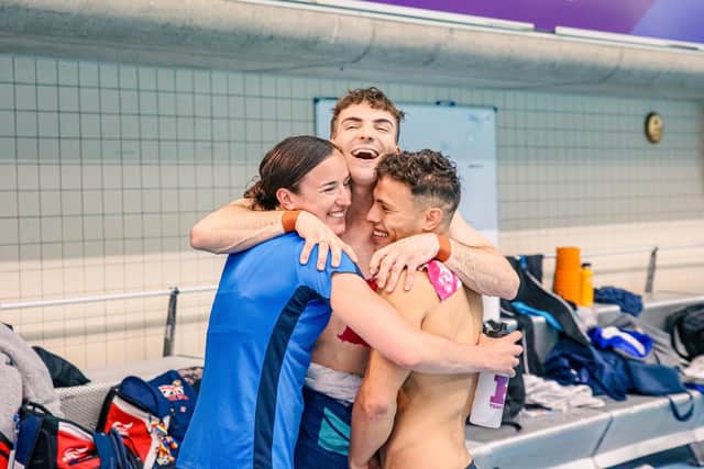 Ross Haslam, centre, celebrates with his fellow successful City of Sheffield divers Jordan Houlden, right, and Yasmin Harper. (Picture: British Swimming/Ben Tillett Photography)