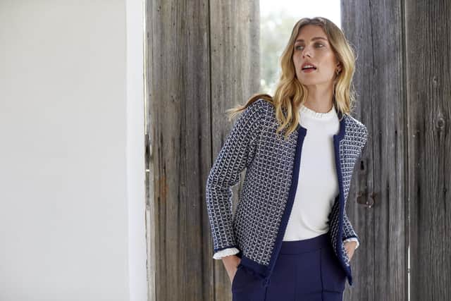 Organic cotton Anika Knitted Jacket in Navy/Ivory, £99 at belladinotte.com.