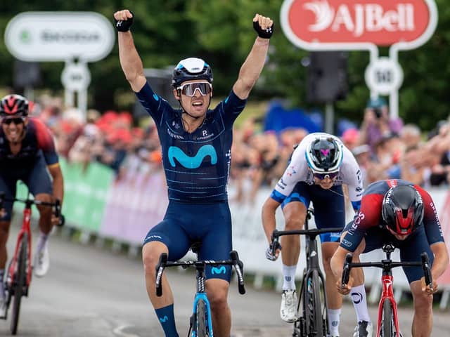 Gonzalo Serrano (Moviestar Team) beats Tom Pidcock (Team Ineos) on the line to win stage 4 of the Tour of Britain in Helmsley (Picture: Bruce Rollinson)