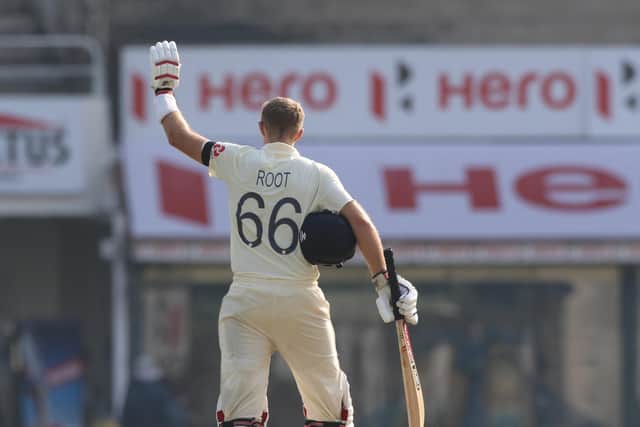 RUN MACHINE: Joe Root celebrates after scoring a hundred on day one of the first Test match against India in Chennai back in February 2021. Picture: Pankaj Nangia/ Sportzpics for BCCI/ECB.
