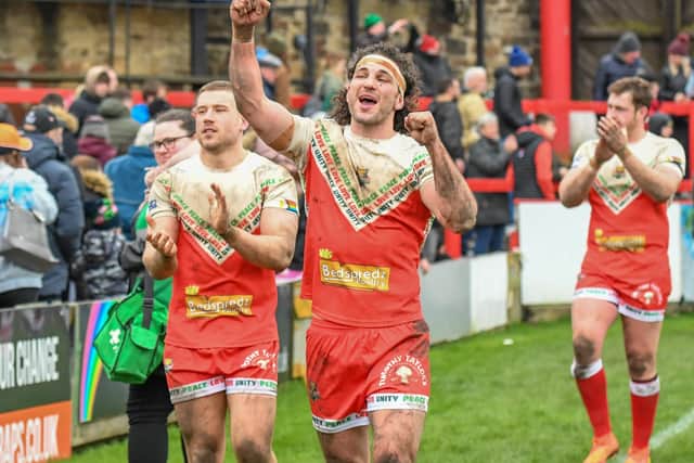 Keighley Cougars celebrate their derby win over Bradford Bulls. (Photo: Olly Hassell/SWpix.com)
