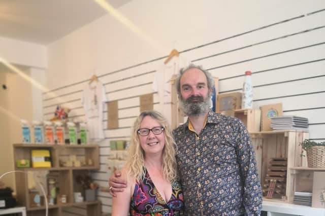 Tracey Wilson with partner David Goulding, at the new Junk 2 Treasure sustainable shop on Rotherham Highstreet.