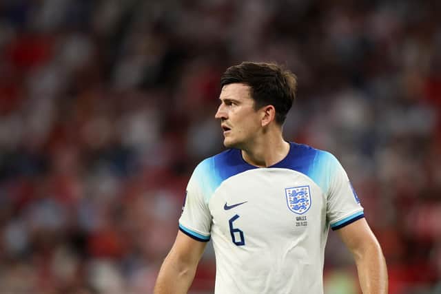 DOHA, QATAR - NOVEMBER 29: Harry Maguire of England looks on during the FIFA World Cup Qatar 2022 Group B match between Wales and England at Ahmad Bin Ali Stadium on November 29, 2022 in Doha, Qatar. (Photo by Francois Nel/Getty Images)