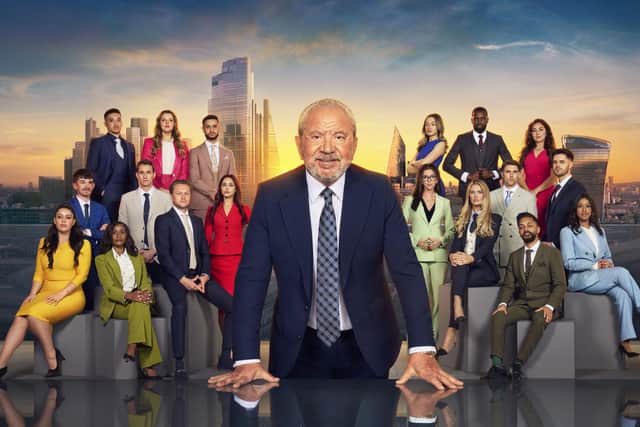 Lord Alan Sugar with the the contestants on this series of The Apprentice. Photo: Ray Burmiston/Naked/BBC/PA Wire