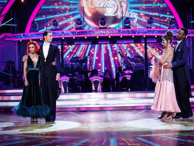 BBC handout photo of Bobby Brazier and Dianne Buswell (left) with Annabel Croft and Johannes Radebe (right) during the results show of BBC1's Strictly Come Dancing.