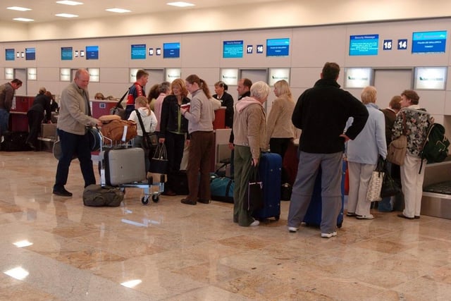 Passengers queueing for the first flights out of Robin Hood Airport.