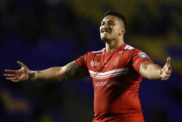 Albert Vete celebrates Hull KR's famous play-off win over Warrington Wolves. (Photo by Jan Kruger/Getty Images)