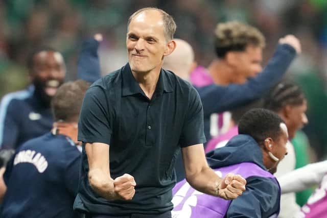 MOVING ON: England head coach Thomas Tuchel celebrates at the full-time whistle after beating last 16 opponents and co-hosts Mexico at Mexico City Stadium, Mexico. Picture: Nick Potts/PA.