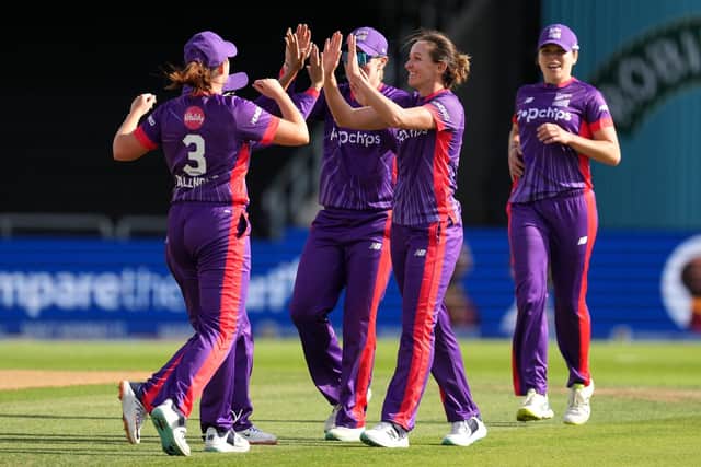 GOT HER: Northern Superchargers' Kate Cross (second right) celebrates the wicket of Oval Invincibles' Suzie Bates with team-mate during The Hundred encounter at Headingley last August. Picture: Danny Lawson/PA
