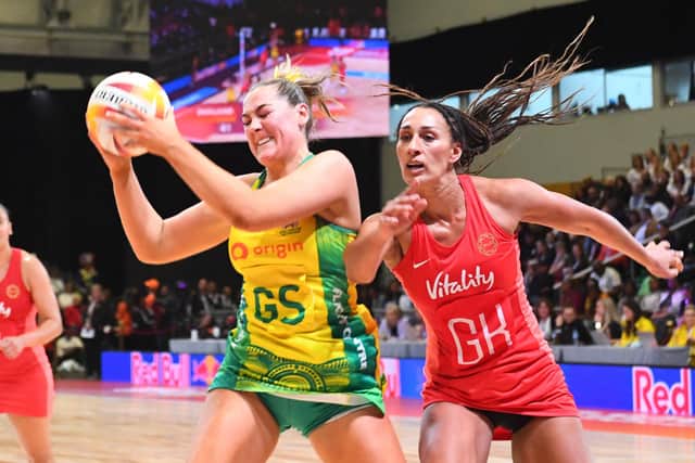 NEW FACE: England's Geva Mentor (right) - pictured during the final of the Netball World Cup against Australia in Cape Town in August - is joining Leeds Rhinos for the forthcoming Superleague season. Picture: Rodger Bosch via Getty Images
