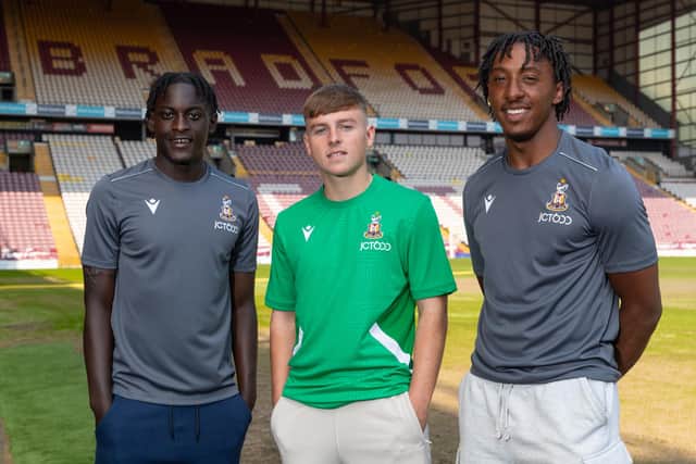 SIGNED UP: Bradford City teenagers (left to right) Dylan Youmbi, Bobby Pointon and Harvey Rowe have signed new contracts at Valley Parade