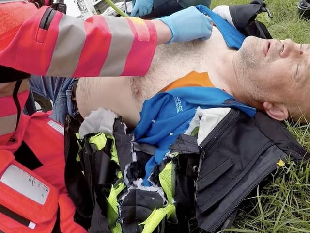 Motorcyclist, Damian Galloway, being treated by YAA crew. (Pic credit: Yorkshire Air Ambulance)