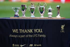 Replicas of the trophies won by Liverpool manager Jurgen Klopp during his tenure at the team following the Premier League match at Anfield, Liverpool. Picture: Peter Byrne/PA Wire.
