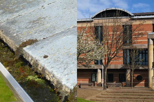 How a portion of the victim's roof was left by Alexander Brewis after a supposed overhaul and, right, Teesside Crown Court where he was sentenced.