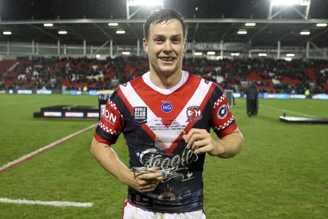 Luke Keary celebrates Sydney Roosters' World Club Challenge win over St Helens in 2020. (Picture: Paul Currie/SWpix.com)