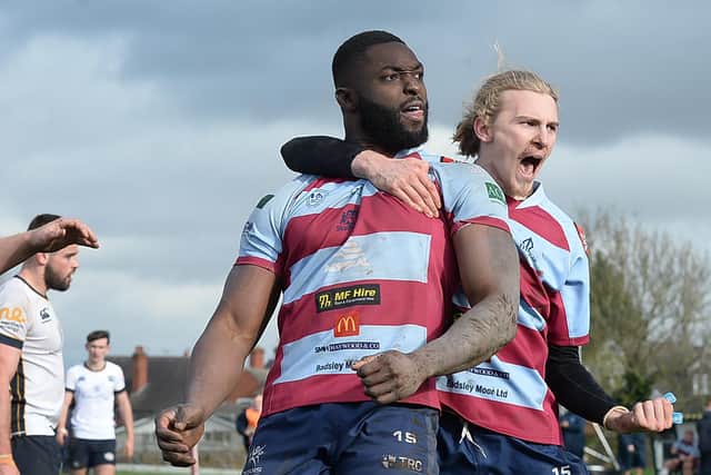 NICE ONE: John Okafor celebrates his try for Rotherham Titans against Leeds Tykes. Picture: Kerrie Beddows.