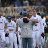 England's skipper Ben Stokes, center, is congratulated by team's officials after winning the second test cricket match against Pakistan, in Multan, Pakistan. PIC: AP Photo/Anjum Naveed