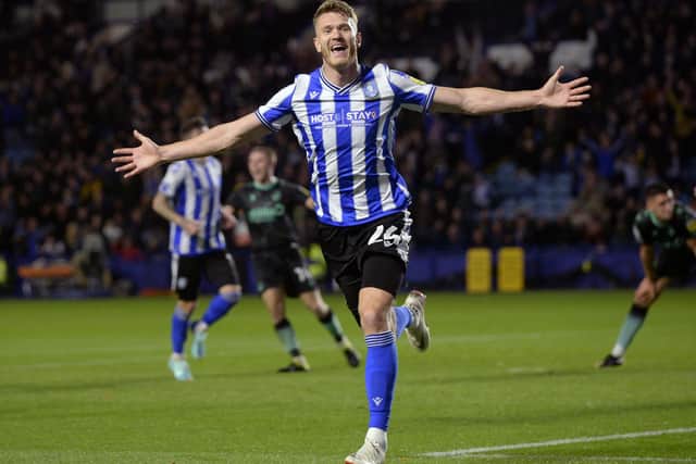Michael Smith celebrates his goal in Sheffield Wednesday's draw with Bristol Rovers. Picture: Steve Ellis.