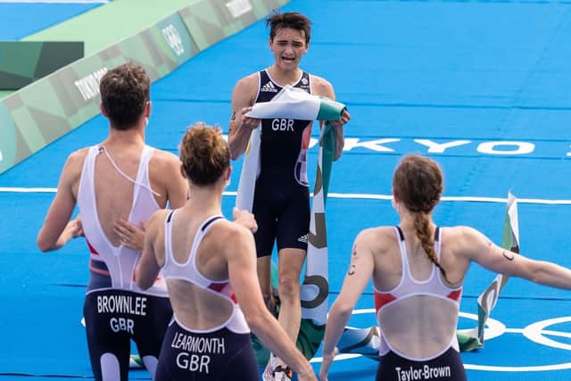SAME AGAIN, PLEASE: Great Britain's Jessica Learmonth, Jonathon Brownlee, Georgia Taylor-Brown and Alex Yee celebrate winning gold in the Mixed Relay Triathlon at the Tokyo 2020 Olympic Games Picture: Leon Neal/Getty Images