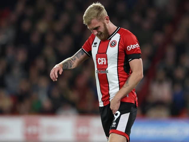 INJURY: Oli McBurnie damaged his groin during Sheffield United's 2-1 defeat to Manchester United