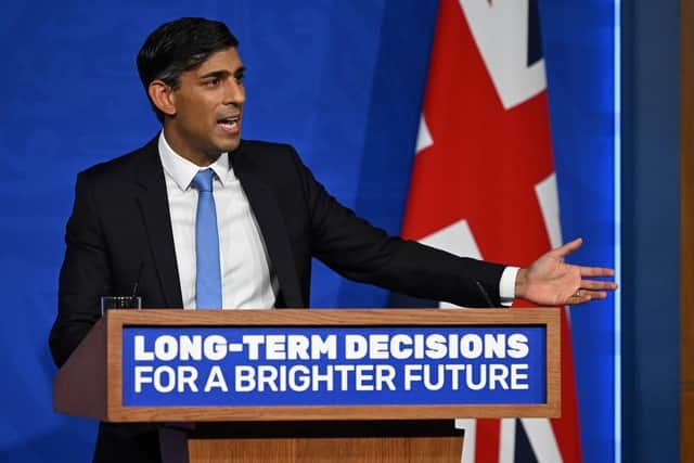 UK Prime Minister Rishi Sunak talks while a holding press conference on net zero policy change at Downing Street. (Pic credit: Justin Tallis / Getty Images)
