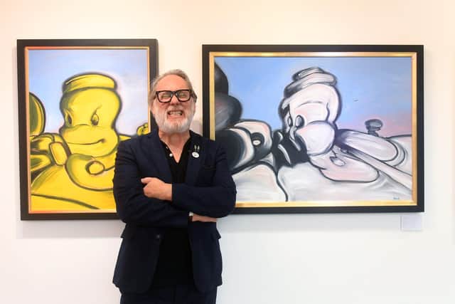 Artist Jim Moir AKA Vic Reeves at the RedHouse Originals Gallery, Harrogate in September in front of two of his studies of Brimham Rocks. Picture: Simon Hulme