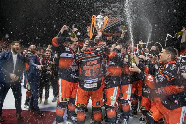 WINNERS: Sheffield Steelers lift the Challenge Cup trophy after beating Guildford Flames 3-1 back in March at the Utilita Arena Picture: Tony Johnson.
