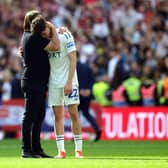 Leeds United manager Daniel Farke (left) consoles Archie Gray after defeat in the Sky Bet Championship play-off final at Wembley Stadium. Photo: Adam Davy/PA Wire.