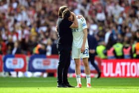 Leeds United manager Daniel Farke (left) consoles Archie Gray after defeat in the Sky Bet Championship play-off final at Wembley Stadium. Photo: Adam Davy/PA Wire.