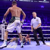 SHEFFIELD, ENGLAND - OCTOBER 07: Leigh Wood knocks out Josh Warrington during the WBA World Featherweight Title fight between Leigh Wood and Josh Warrington at Utilita Arena Sheffield on October 07, 2023 in Sheffield, England. (Photo by James Chance/Getty Images)