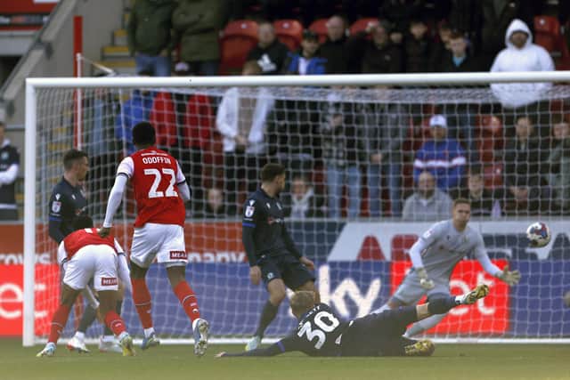 Rotherham United's Hakeem Odoffin (third left) scores their side's first goal of the game during the Sky Bet Championship match at the AESSEAL New York Stadium, Rotherham. Picture: Richard Sellers/PA