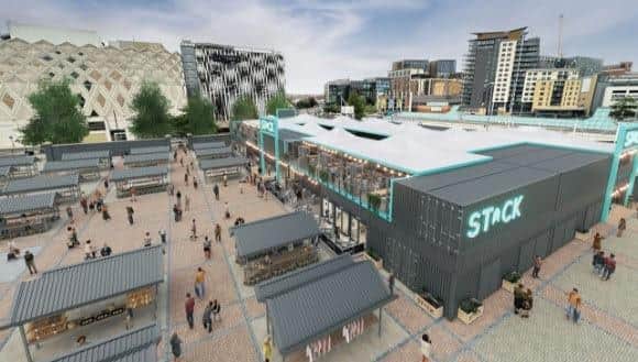 CGI image of the new shipping container food village that is coming to Leeds Kirkgate market