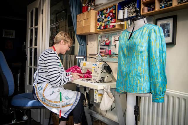 Dressmaker Kim Fozzard at work in her studio in her home at Roundhay, Leeds,  photographed for The Yorkshire Post Magazine by Tony Johnson.