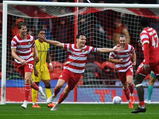 Doncaster Rovers' Owen Bailey celebrates scoring the second goal against Sheffield Wednesday. Picture: Jonathan Gawthorpe