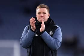 LEICESTER, ENGLAND - DECEMBER 26: Eddie Howe, Manager of Newcastle United applauds fans following their side's victory in the Premier League match between Leicester City and Newcastle United at The King Power Stadium on December 26, 2022 in Leicester, England. (Photo by Nathan Stirk/Getty Images)