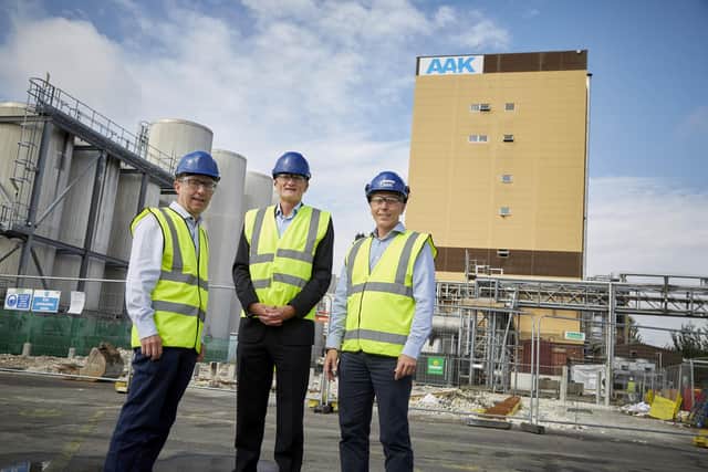 Humber Freeport’s CEO Simon Green, centre, with AAK’s Hull Site Director Peter Gower, right, and UK Finance Director Damian Taylor, left, at the company’s site at King George Dock in Hull.