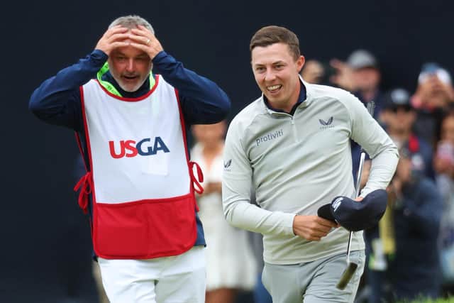 Yorkshire triumph: Matt Fitzpatrick of England celebrates with caddie Billy Foster after winning on the 18th green during the final round of the 122nd U.S. Open Championship at The Country Club (Picture: Andrew Redington/Getty Images)