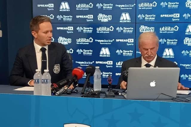 INTRODUCTION: New Huddersfield Town chairman Kevin Nagle (right) meets the media, virtually and in person, for the first time
