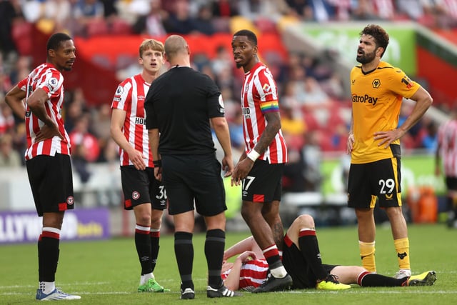 Three VAR decisions have gone against Wolves while two have gone in their favour this term. Above is the moment Diego Costa was sent off for violent conduct against Brentford's Ben Mee - only after intervention by Stockley Park.