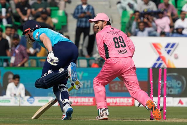 Harry Brook is run out against Pakistan in Lahore. Photo: AP Photo/K.M. Chaudary