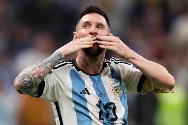 AL KHOR, QATAR - DECEMBER 14: Lionel Messi celebrates after their sides third goal by Julian Alvarez of Argentina (not pictured) during the FIFA World Cup Qatar 2022 semi final match between France and Morocco at Al Bayt Stadium on December 14, 2022 in Al Khor, Qatar. (Photo by Clive Brunskill/Getty Images)