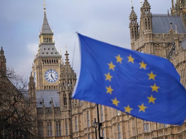 A European Union flag flies in front of the Houses of Parliament in Westminster. PIC: PA