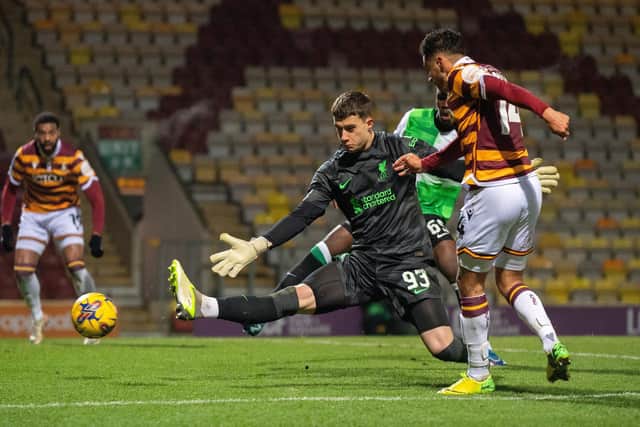 Fabian Mrozek saves a shot from Tyler Smith during Bradford City's match with Liverpool U21. (Picture: Bruce Rollinson)