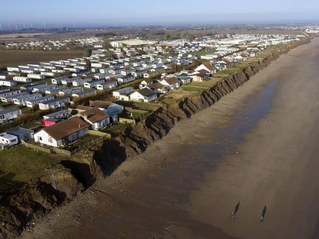 Houses on the coastline in Skipsea, East Riding of Yorkshire