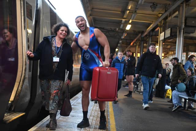 Gladiators assisting travellers at Sheffield Station ahead of the show's BBC One premier.