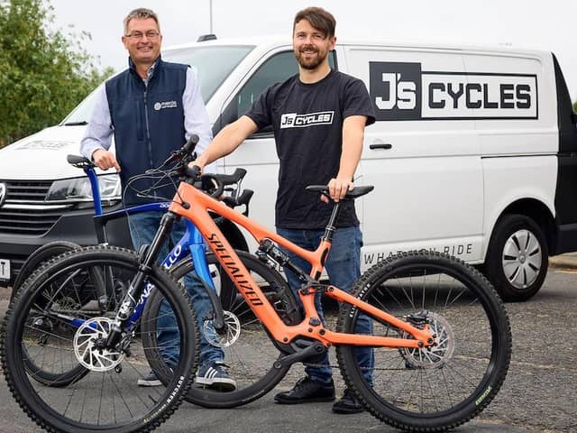 James Wagner of J's Cycle Shack (right) is pictured with Andy Clough of Mercia Asset Management. (Photo by Shaun Flannery Photography Ltd)