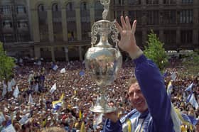 THAT'S CHAMPION: Howard Wilkinson celebrates his greatest moment with Leeds United, in 1992 (Image: Yorkshire Post Newspapers)