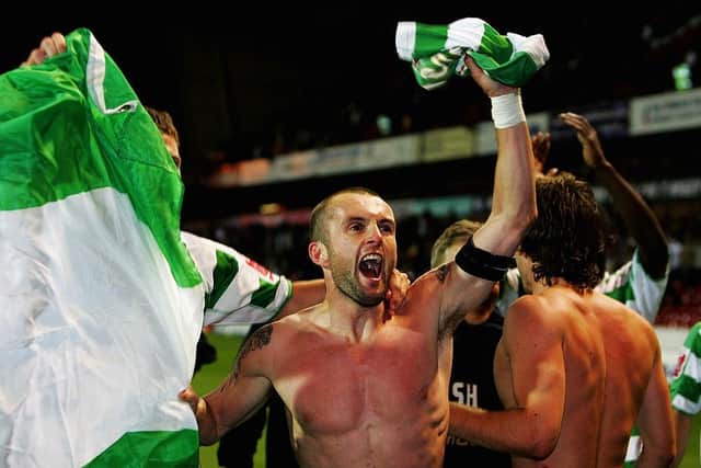 HISTORIC COMEBACK: Yeovil Town player Nathan Jones celebrates after the Glovers knocked Nottingham Forest out of the 2007 League One play-offs - but they were only 2-0 down after the first leg