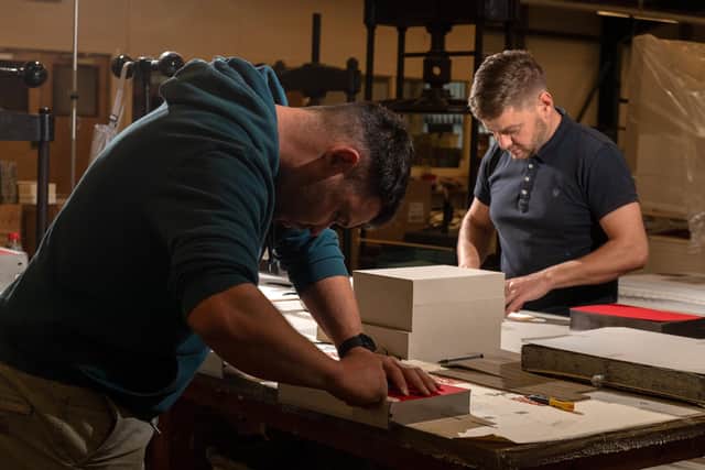 Danny MacKintosh and Ben Coates working on the 400th  anniversary edition of Shakespeareâ€™s First Folio at Smith Settle book binders for the Folio Society.
PictureBruce Rollinson